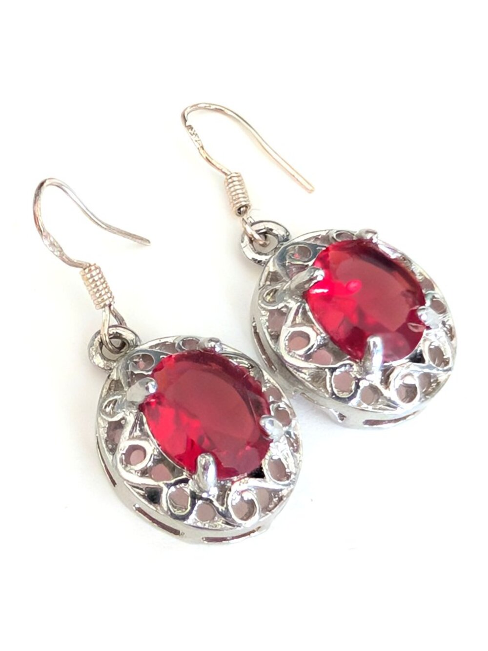 Faux ruby and silver drop earrings
